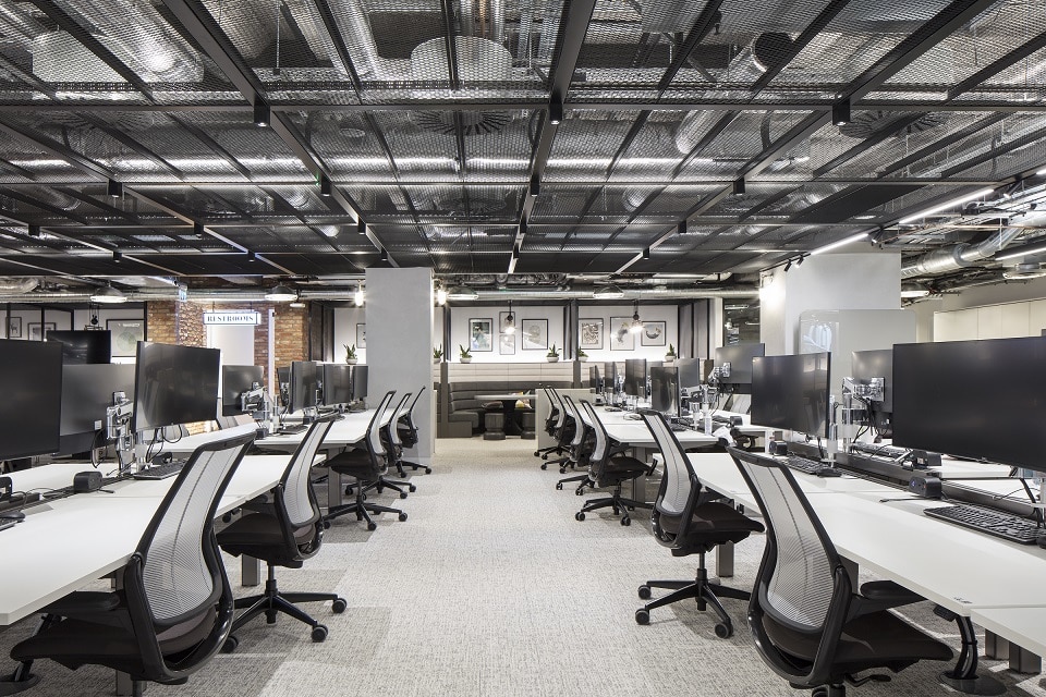Investec offices treated with SonaSpray K-13 mid grey. Credit to BW Workplace Experts.