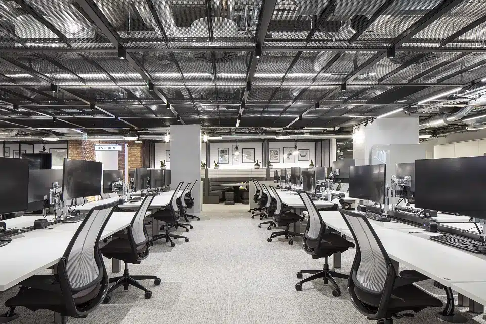 Investec offices treated with SonaSpray K-13 mid grey. Credit to BW Workplace Experts.