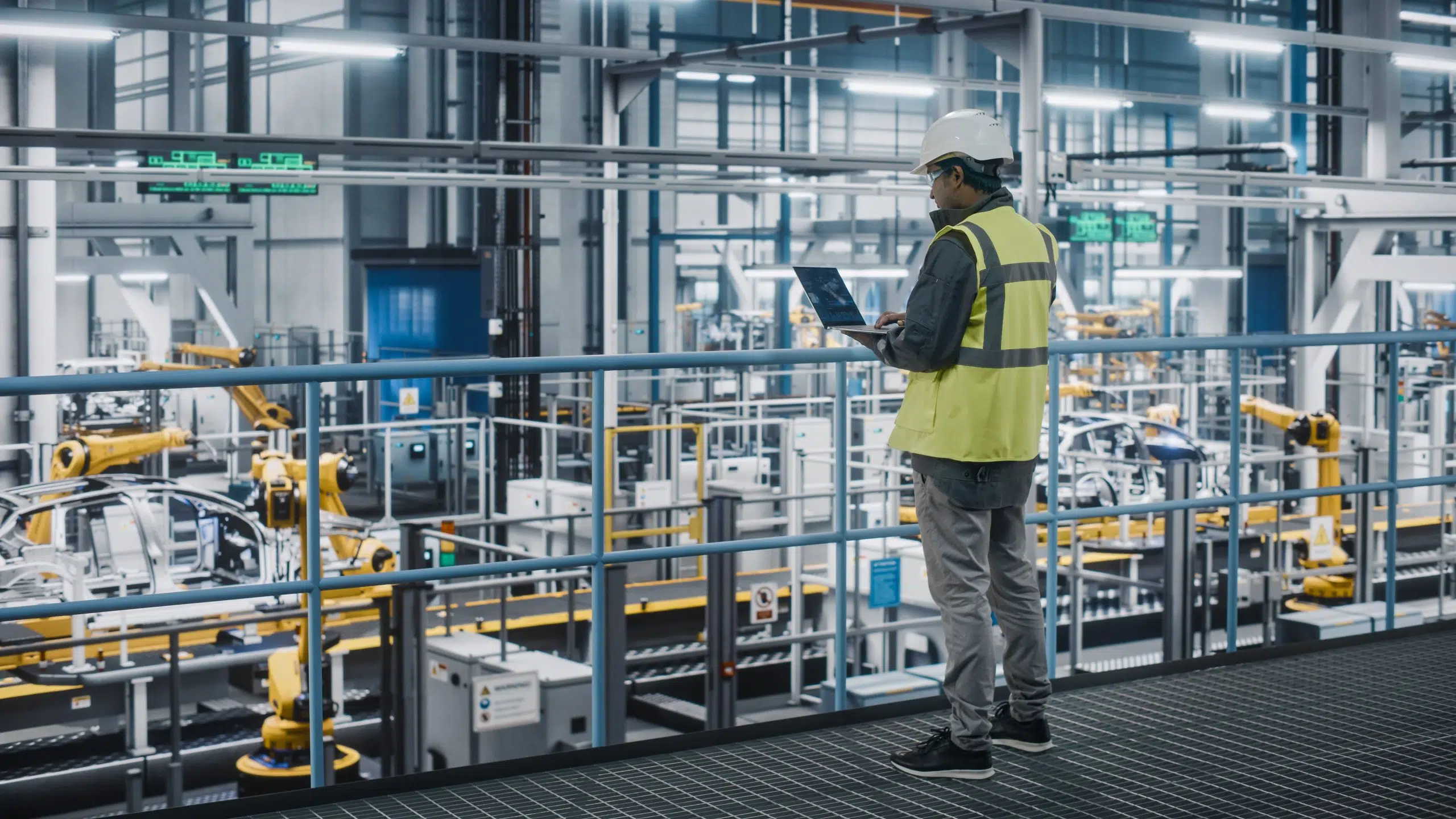 A man wearing a hard hat and vest looking at a laptop overlooking a warehouse floor