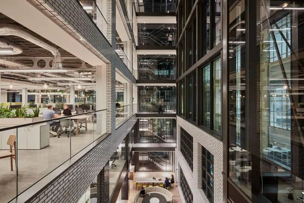 SonaSpray K-13 acoustic ceiling spray in grey throughout Henrietta House offices. Morey Smith, CBRE Offices London. ©Philip Durrant Photography.