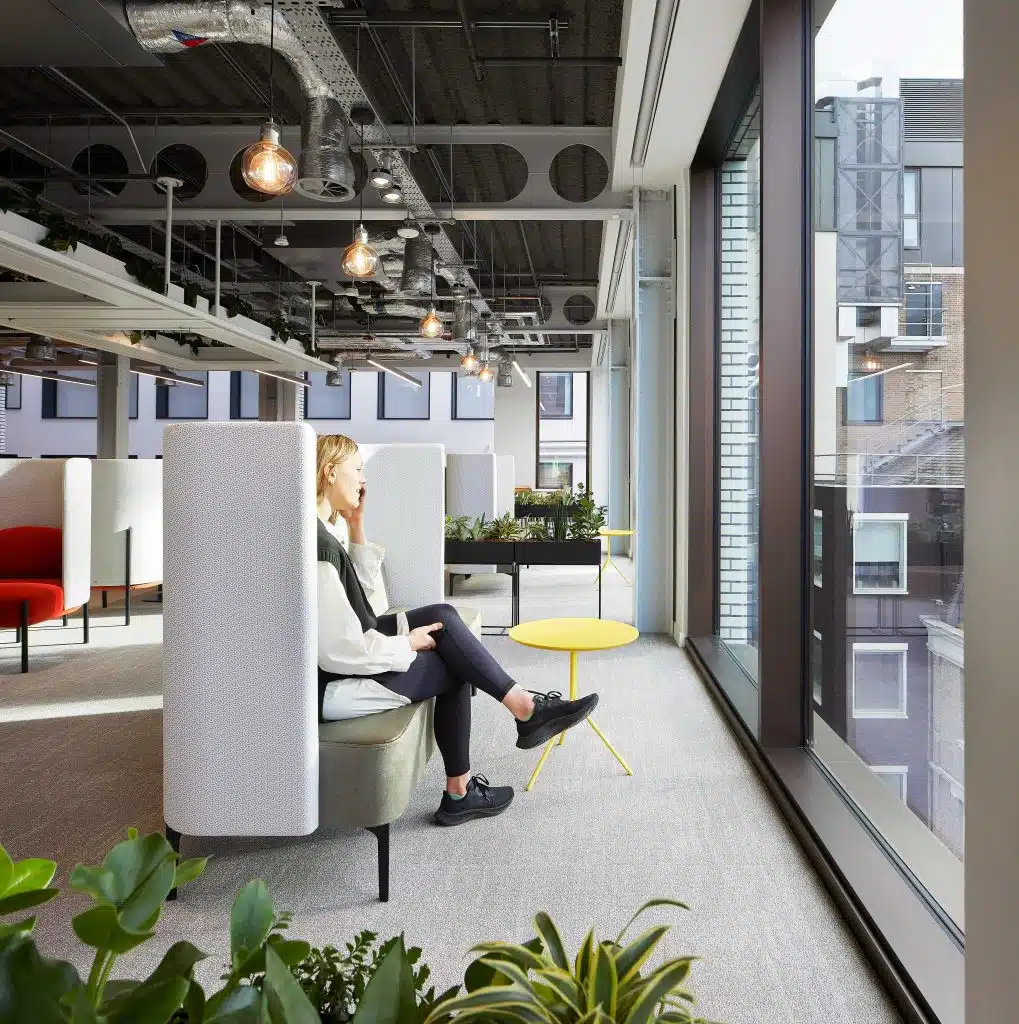 SonaSpray K-13 acoustic ceiling spray in grey throughout Henrietta House offices. Credit to Morey Smith, CBRE Offices London ©Hufton+Crow 2023.