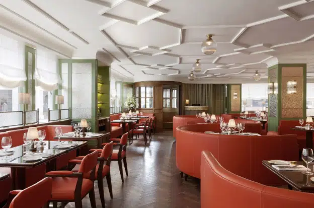 Oscar Elite acoustic plaster spray applied inside ceiling shapes throughout the Fountain Restaurant, 45 Jermyn St for Fortnum & Mason. MBDS Interior Design Studio.
